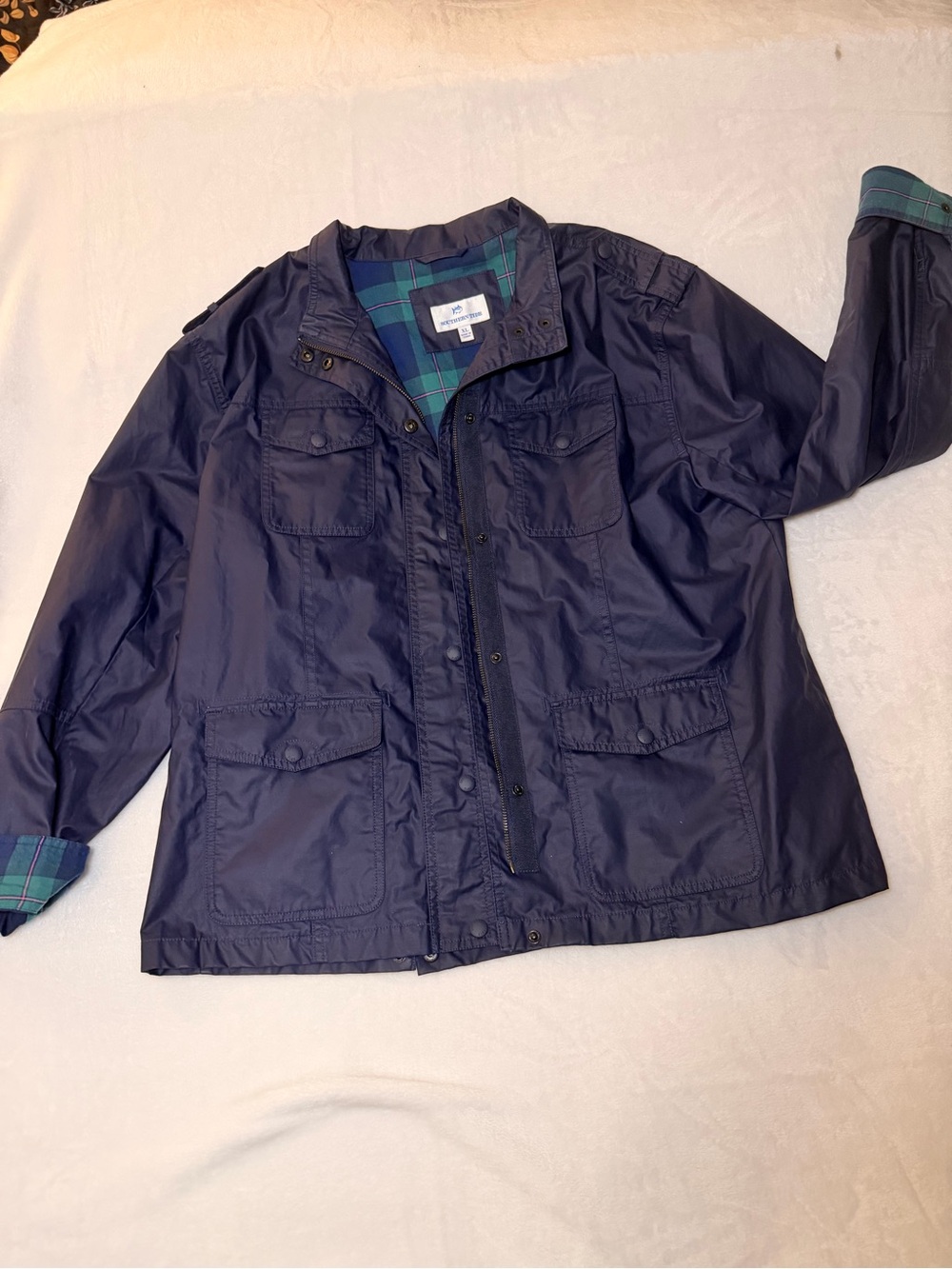 Southern Tide Men’s Navy Utility Field Jacket with Green Tartan Lining size: XL